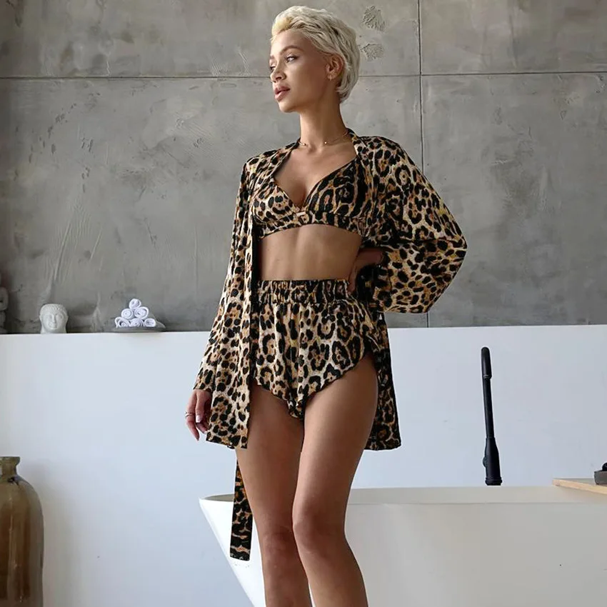 

Three Piece Pajama Sets Women Print Leopard Sexy Long Sleeve Cardigan Tank Shorts Suits V Neck Sleepwear Lounge Suit Summer