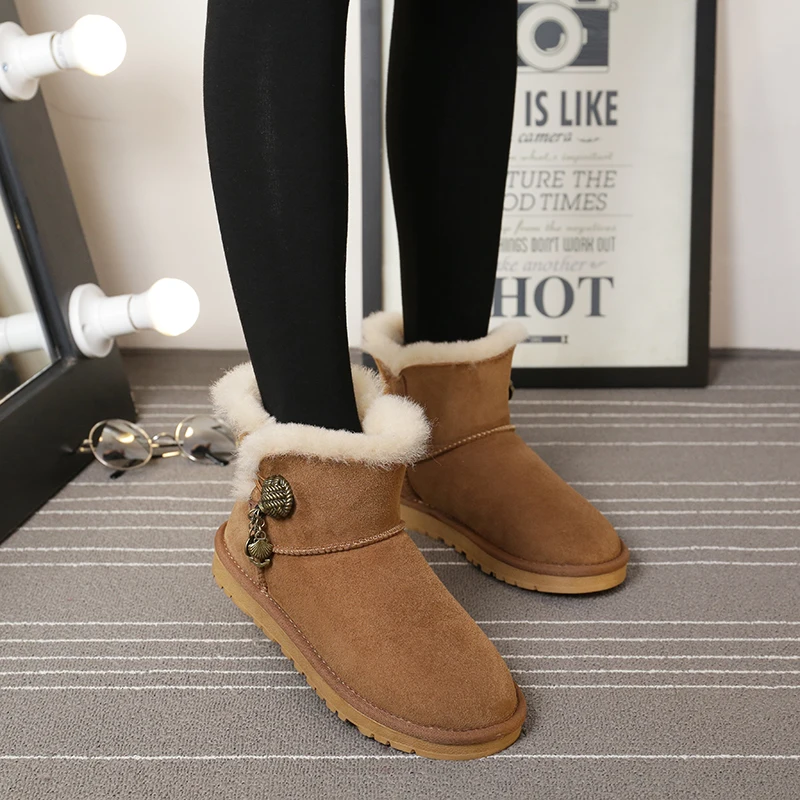New Fashion Women Boots Short Boots Women Natural Fur Snow Boots Genuine Sheepskin Leather Winter Boots Warm Wool Mid-calf Boots