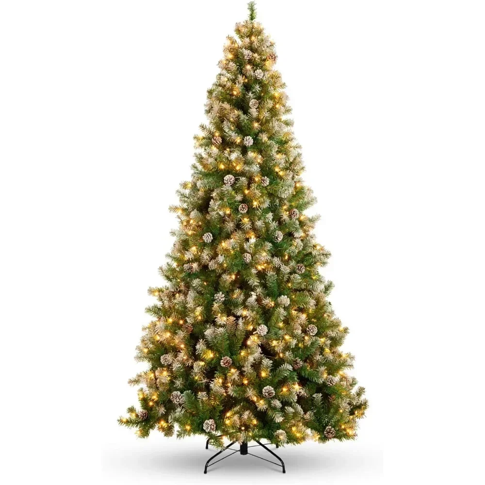 9ft Artificial Christmas Tree, W/ 2,028 Flocked Frosted Tips, 108 Pine Cones, 850 Lights, Metal Base, Large Christmas Trees