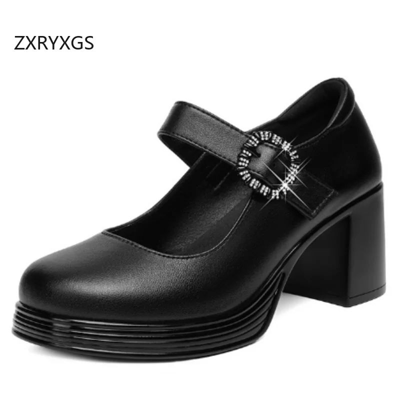 

ZXRYXGS/женская обувь из натуральной кожи в британском стиле с круглым носком, новинка 2025, элегантная модная обувь на высоком каблуке, модная обувь для банкетов