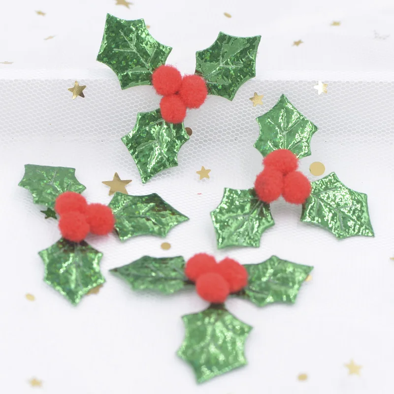 30Pcs Glitter Green Holly Leaf and 3D Red Berry Appliques Patches for Christmas Decor, Table Ornament, Stickers Accessories