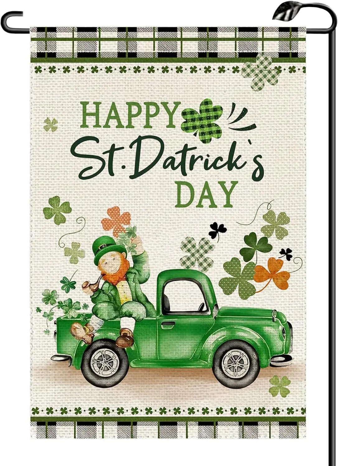 St Patricks Day Green Garden Flag 12x18 Inch Small Burlap Buffalo Plaid Truck with Leprechaun Shamrock Yard Lucky Holiday Fl SSL