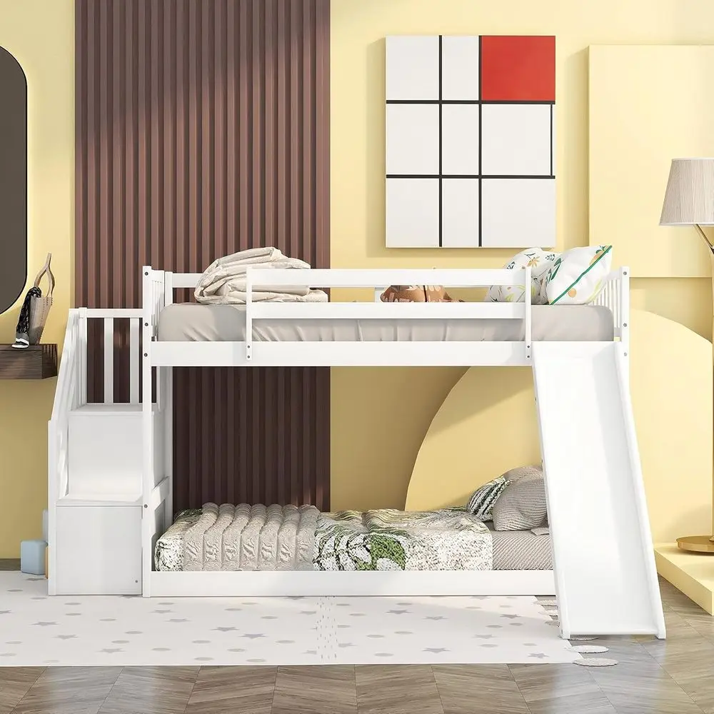 

Двухъярусные кровати размера Twin с горкой или лестницей, не требуют пружинного основания, подходят для детей.