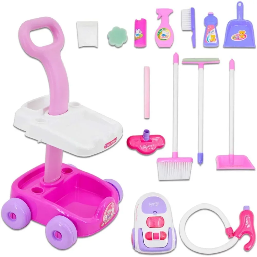 Carrello per la pulizia delle pulizie Playset Caddy include accessori e aspirapolvere giocattolo con suoni e luci Fai finta di giocare per le ragazze
