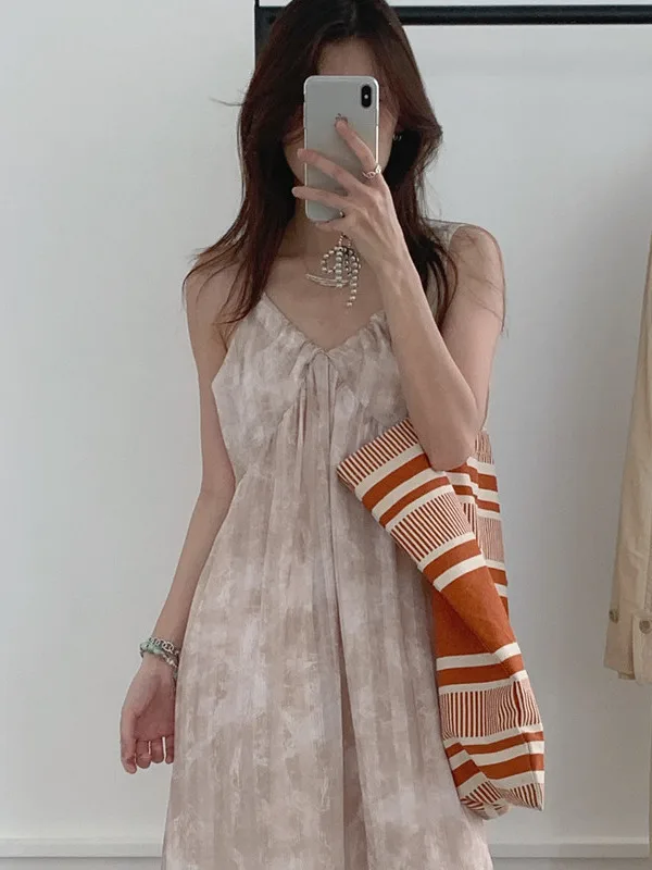 

Summer New Sle Women's Floral adient Color Blo Chiffon Strapl Dr Vintage Print Long Skirt Commute Single Piece
