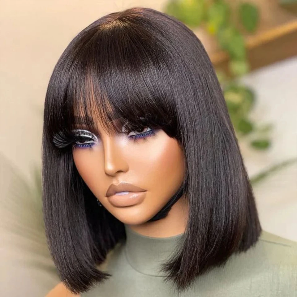 Wiggogo 3X1 Middle Part Lace Wig Bob Wigs Full Machine Made Bone Straight Human Hair Wigs With Bangs Short Bob Human Hair Wigs