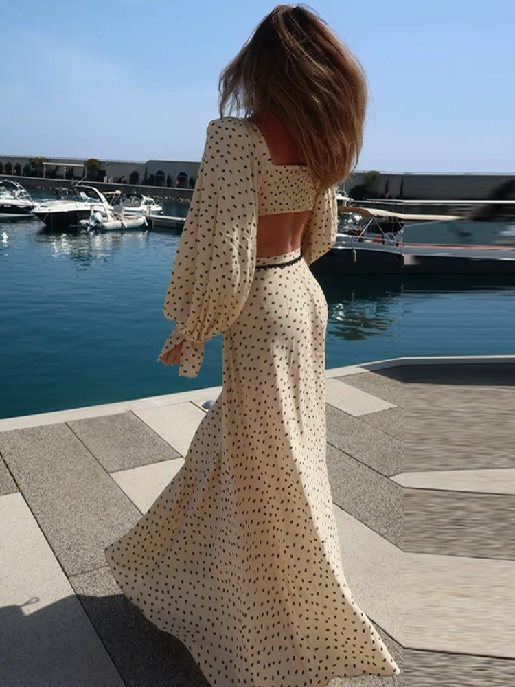 Langärmlige, kurz geschnittene Oberteile mit Polka Dots, lange Röcke, Anzüge für Damen, sexy, geteilte Spitzenoberteile, A-Linien-Röcke, Sets, schicke Damen-Partykleidung, neu – Detail 24