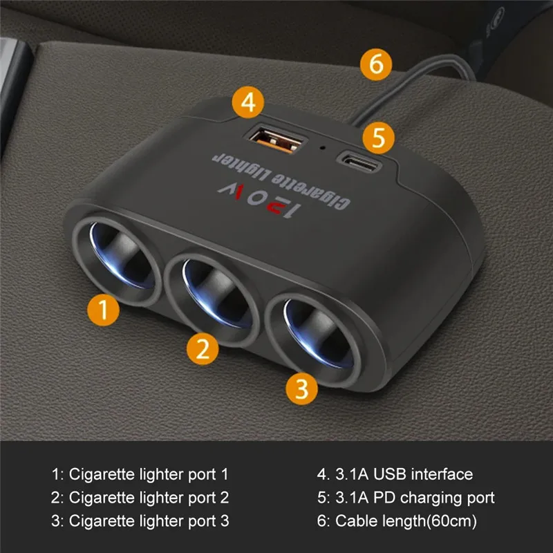 Car Sockets 3 in 1 USB Type C Fast Charger Cigarette Lighter Splitter 12V 120W Phone Power Adapter for DVR GPS Car Accessories