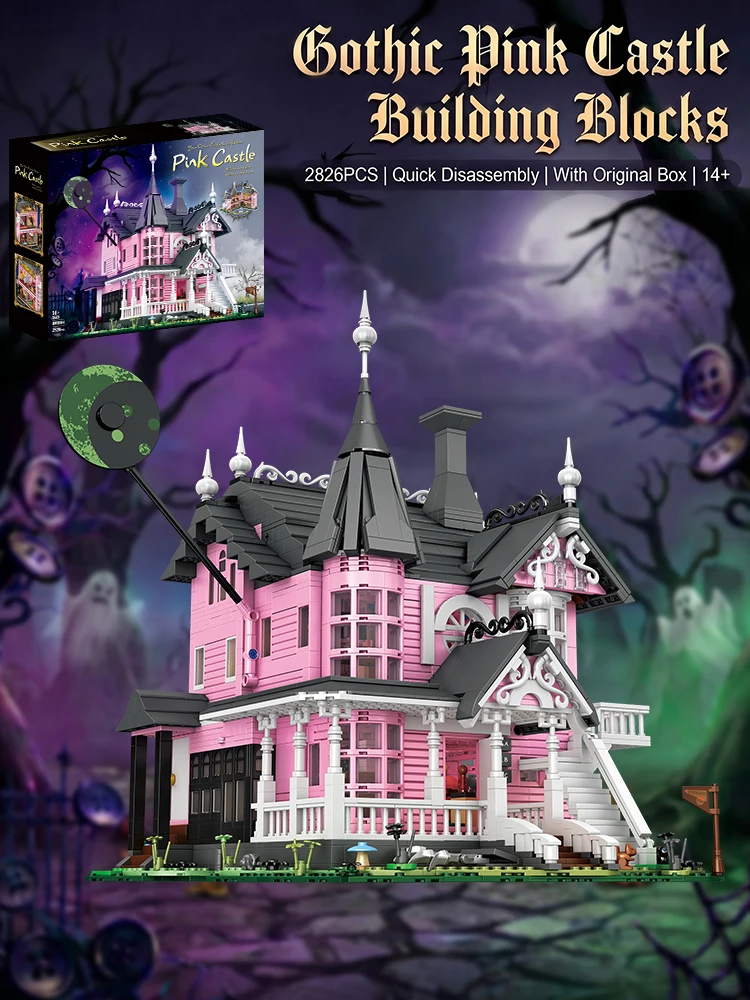 Klemmbausteine Gotisches Rosa Schlosshaus Modulare Gebäude-Bausteine Set Geister-Monster-Mutter Magische Stadt Straßenansicht Apartment Architektur Ziegelstein-Modellbausatz Erwachsene DIY Halloween