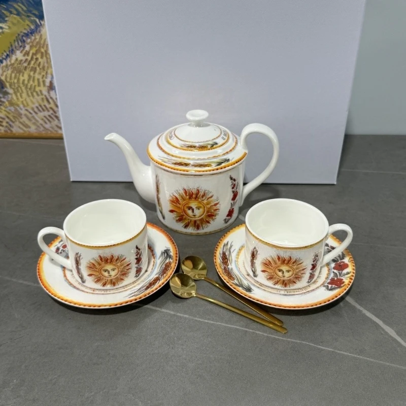 Retro Sun Series Coffee Cup Teapot Exquisite Bone China Home Banquet Tea Set Gift