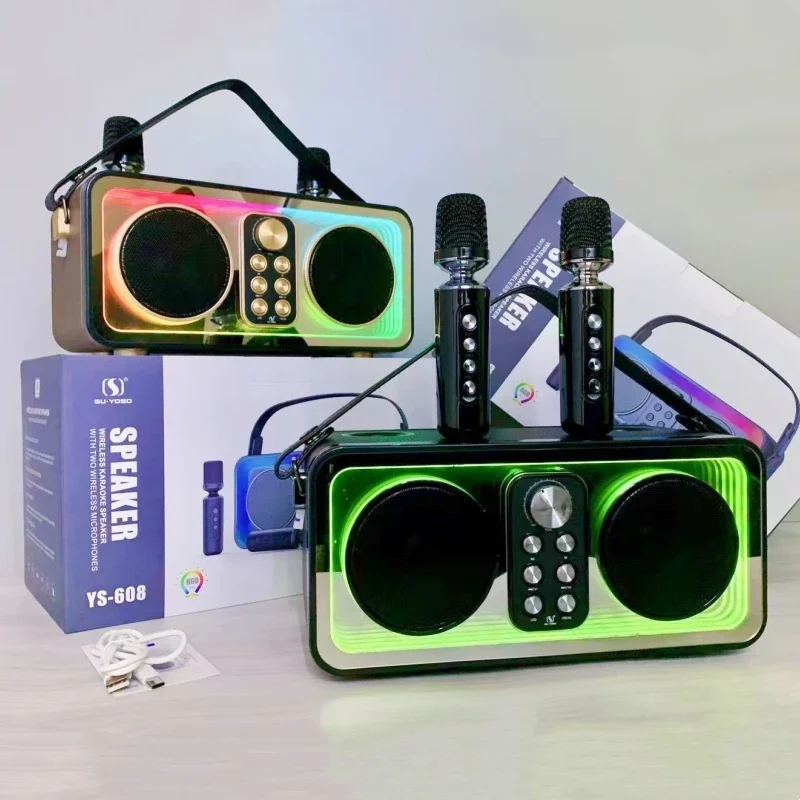 Máquina de Karaoke de 30W con 2 micrófonos inalámbricos, altavoces Bluetooth, juego KTV con efectos de lámpara de espejo RGB Abyss, micrófono de mano