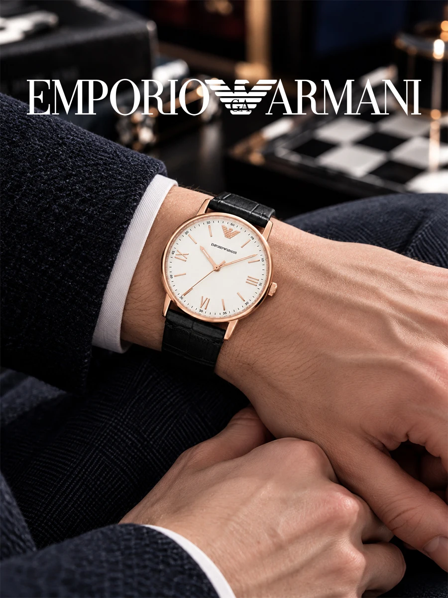 EMPORIO ARMANI AR80015M Mens Quartz Timepiece Rose Gold Case White Roman Dial Black Croc Leather Strap Minimalist Business Watch