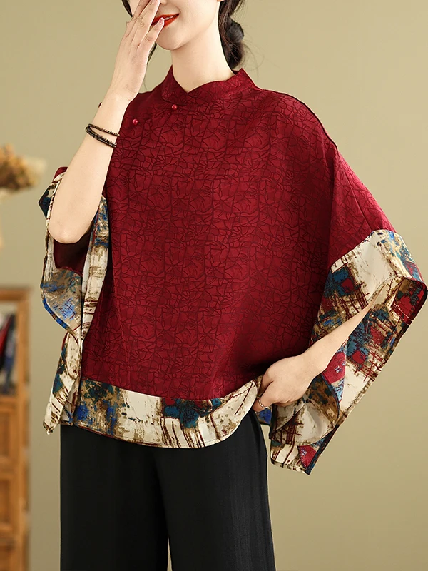 

New Chinese Sle Women's irt Faionable Summer Cloud Pattern Button up Loose Fit Batwing Sve Stand Collar Top