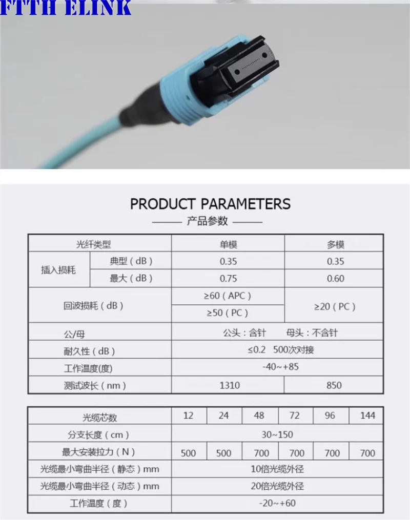 Cable de conexión de fibra MPO-LC 8C 12C 24 núcleos tipo B OM3-150 hembra MTP-4DLC 6DLC ruptura 8C 12C 24C OM3 ftth puente cable óptico ELINK