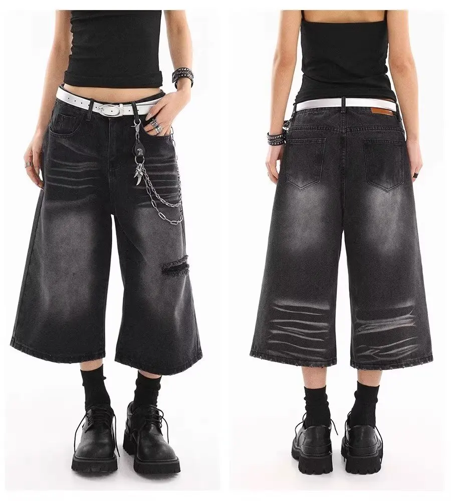 الدنيم السراويل الجينز 7 نقاط السراويل النسائية الجينز تمتد ملابس الصيف Coquette Shoujo فتاة نمط فضفاض السراويل امرأة متوهج Y2k جان