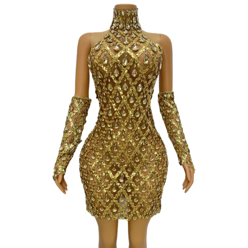Vestido corto de lujo para fiesta de noche, graduación, diamantes de imitación, Sexy, sin espalda, transparente, disfraz de cantante puesta en escena, dorado y negro