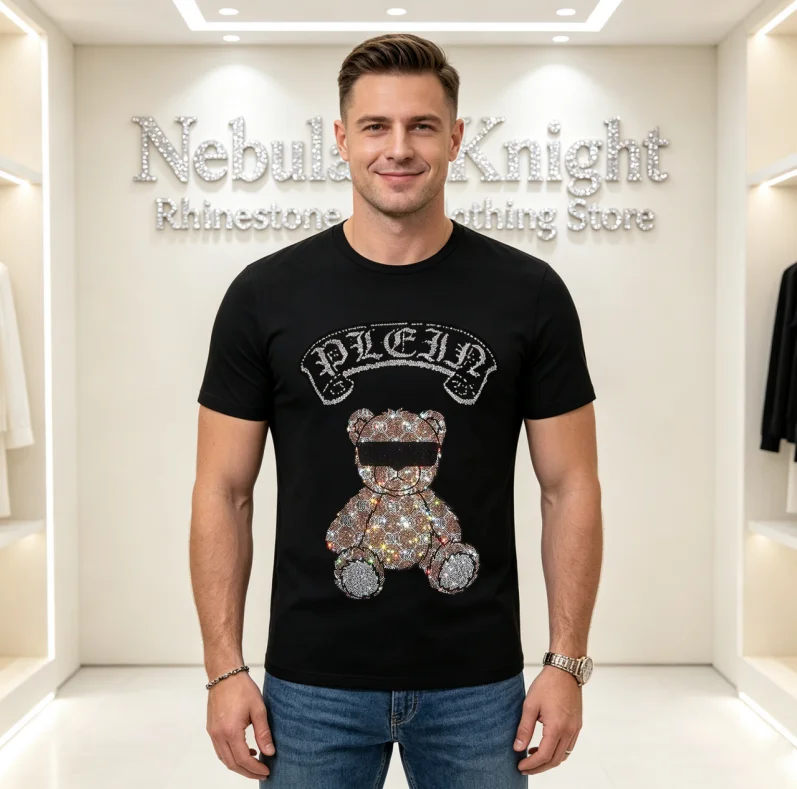Men's Luxury Crystal Rhinestone O-Neck Cotton T-shirt Soft Breathable Casual Streetwear Bling Tee Short Sleeve