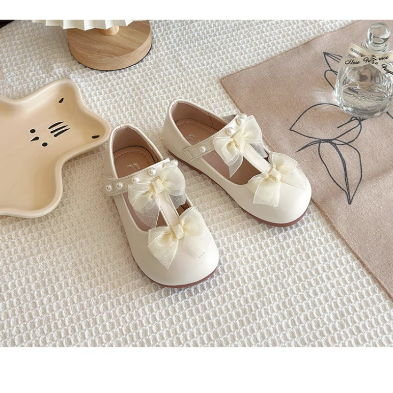 الفتيات لؤلؤة مقوس دانتيل الأميرة أحذية من الجلد 2025 الربيع والخريف طفل جديد أزياء واحدة أحذية قبعة صغيرة الضحلة الأحذية #4