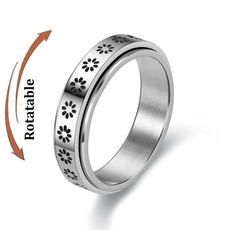 Fidget Anxiety Mini Flower Pattern Spinner Ring Rotatable Stainless Steel Jewelry Girls Student Anti Stress Rings Accessories
