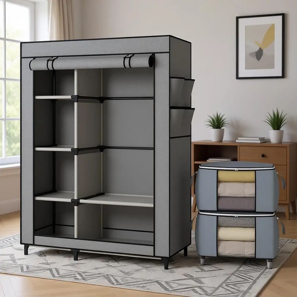 

6-Shelf Portable Wardrobe with Hanging Rod, Bedroom Storage Organizer, Non-Woven Fabric Cover, 4 Side Pockets, 2 Storage Bags, G