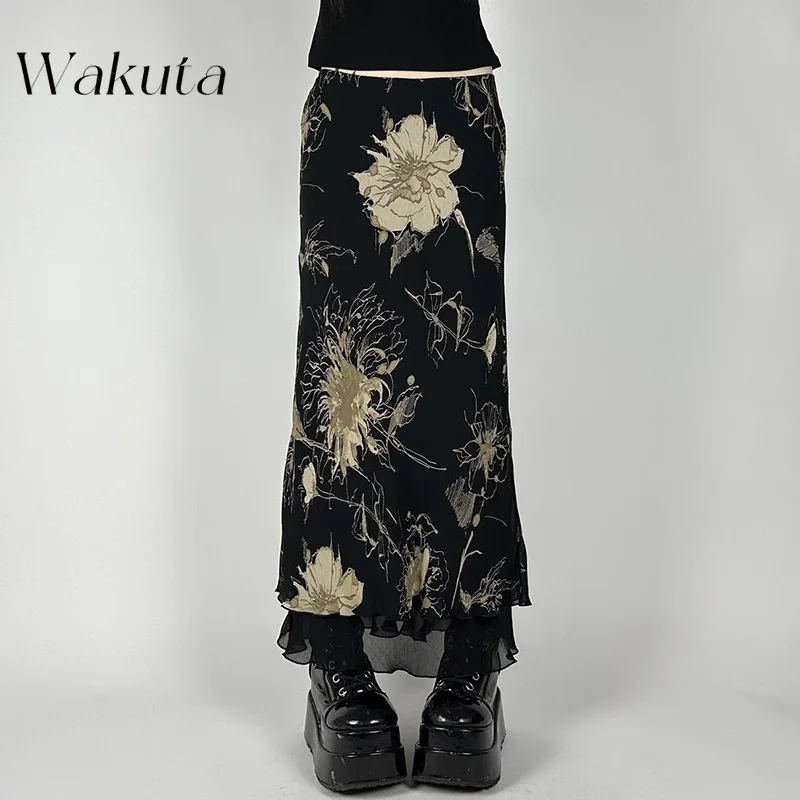 WAKUTA Mori Ancient Floral Print Niche Bustier Spicy Girl Temperament Low-waisted Package Hip Versatile Thin A-line Long Skirts