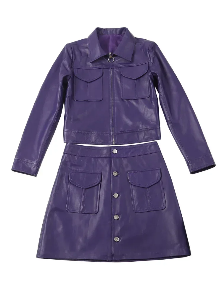 Tajiyane 2023 Two Pieces Set for Women Genuine Leather Jacket and Skirts Real Sheepskin Leather Skirt Sets Women Outfits Fashion