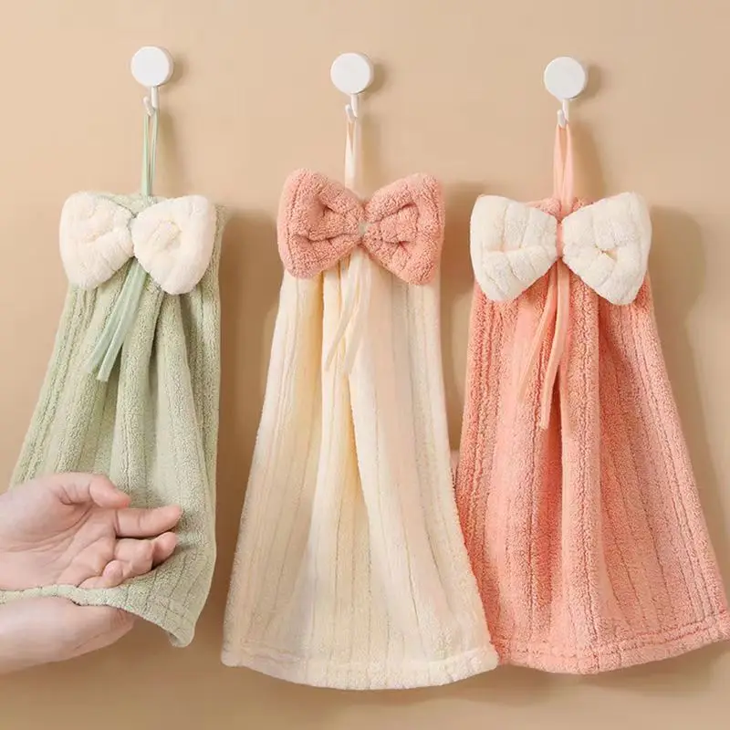 2pcs Coral Velvet Bow Hand Towel Soft Quick Dry Absorbent Cleaning Cloths Bathroom Hanging Towels Kitchen Dishcloths