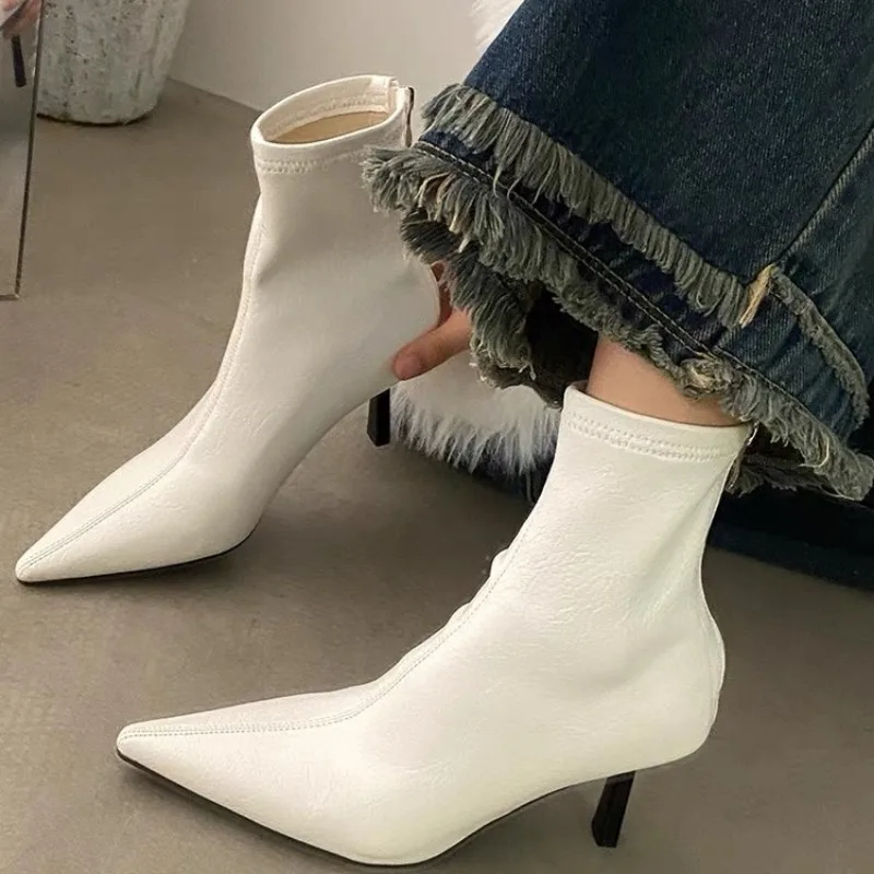 2024 New Autumn Winter Pointed Toe Women Ankle Boots Fashion Zipper Shoes Thin High Heel Women\'s Morder Short Booties D214