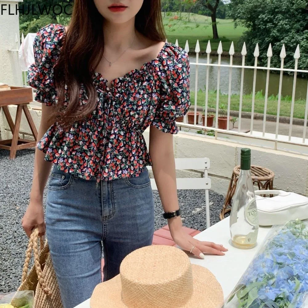 2021 Summer Korea Chic Tops Blusas Fashion Flhjlwoc Design Short Crop Peplum Floral Print Sexy Off Shoulder Women Blouses