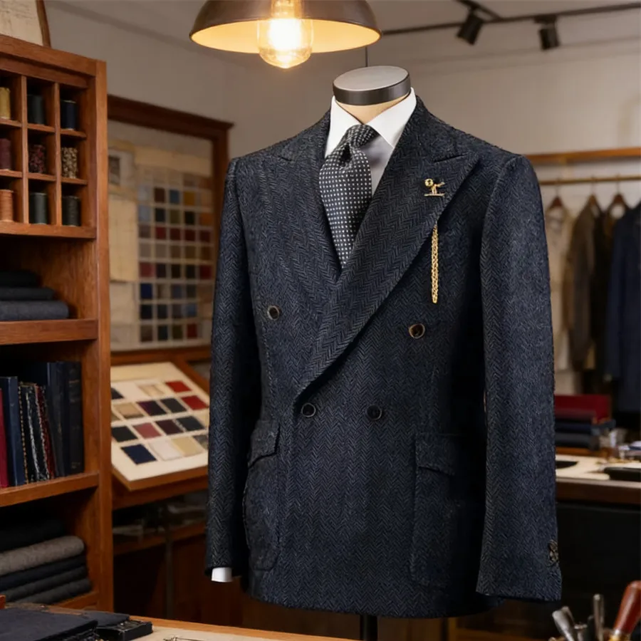 

Casual Blazer Herringbone Double Breasted Slim Fit Men's Jacket Comfortable Men's Coat Blazer Suits Office Trousers