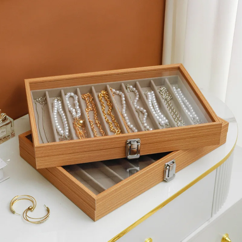 Wholesale Necklace Display Case with Window PU Wood  Velvet Pattern Long Necklace Storage Jewelry Organizer Luxury Wedding Gift