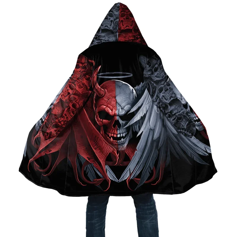 Fashion Mens Cloak Fire Reaper Skull Tattoo Harajuku 3D Print Full Fleece Hooded Coat Unisex Casual Thick Warm Cloak Coat K-011