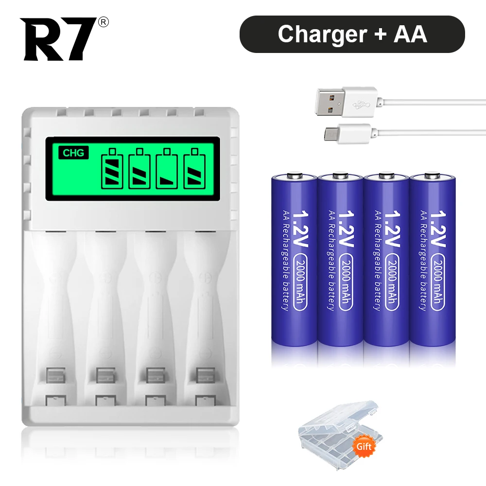 

R7 Brand AA Batteries Ni-MH 1.2V 2000mAh 2A Pre-charged Bateria AA Rechargeable Battery for Camera Electric toys + USB Charger