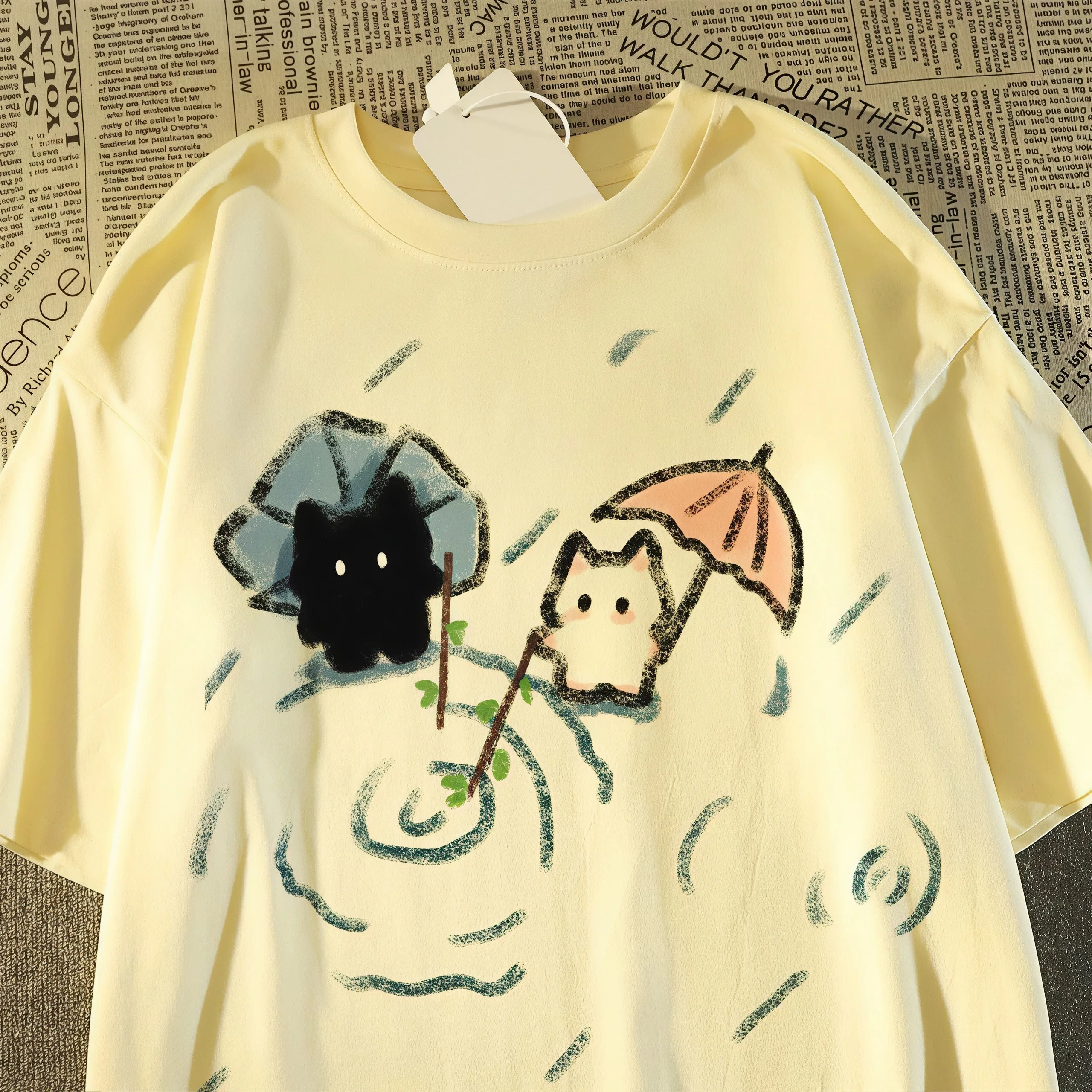 Women Kawaii Cartoon Cat Umbrella Print T‑Shirt Round Neck Short Sleeve Oversized Loose Casual Streetwear Tee Top view 4