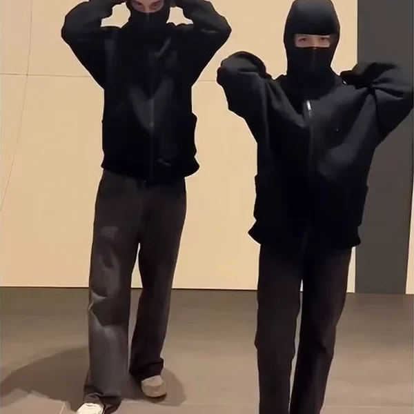 قبعة مزدوجة ملثمين هوديس أزياء الهيب هوب الشتاء يندبروف البلوز الشارع الشهير الاتجاه ﻿ سستة قناع الوجه هوديي سترة معطف