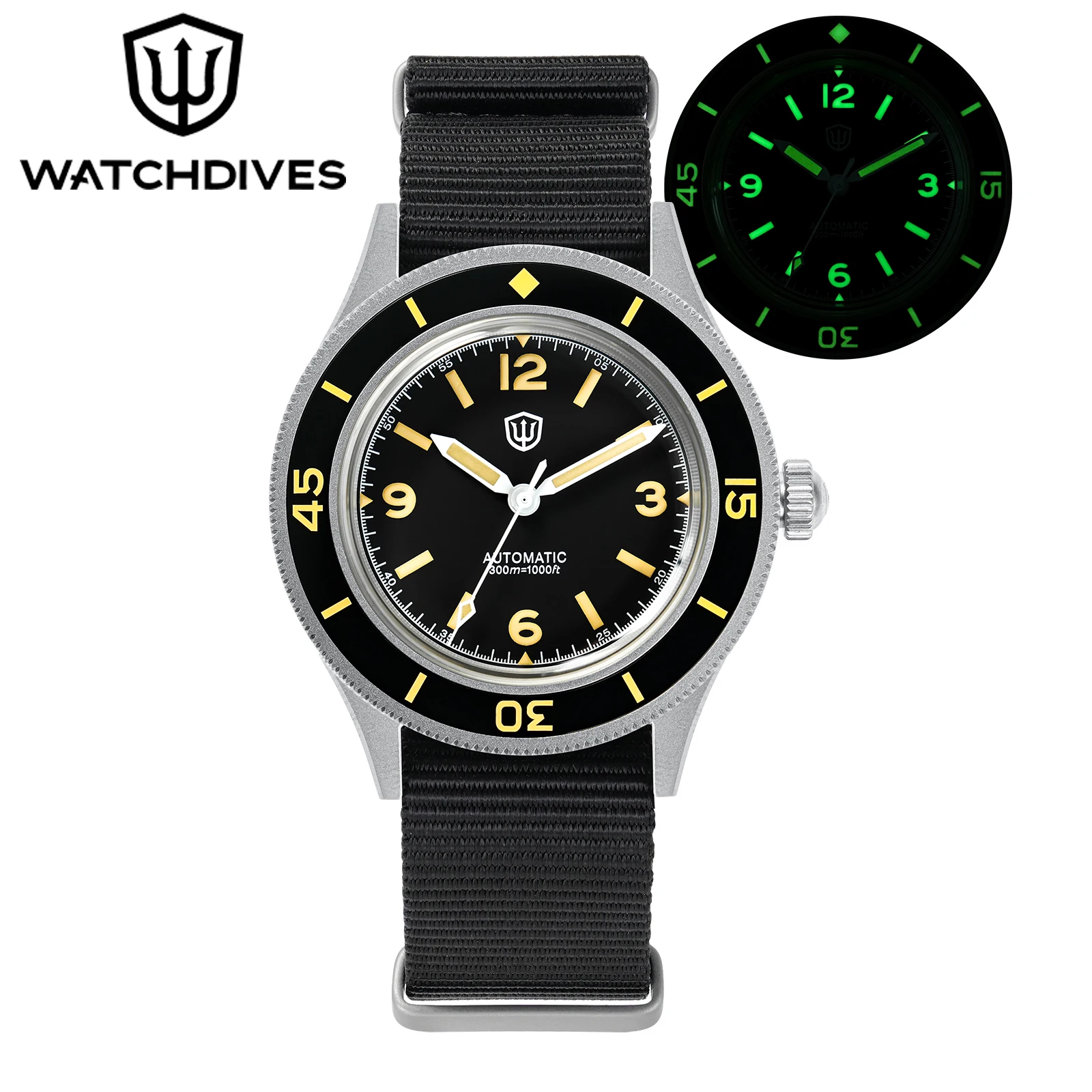 

Watchdives 50-Fathoms 40mm Watch NH38 Movement Bubble Sapphire Crystal BGW9 Luminous 300m Waterproof Watches for Man