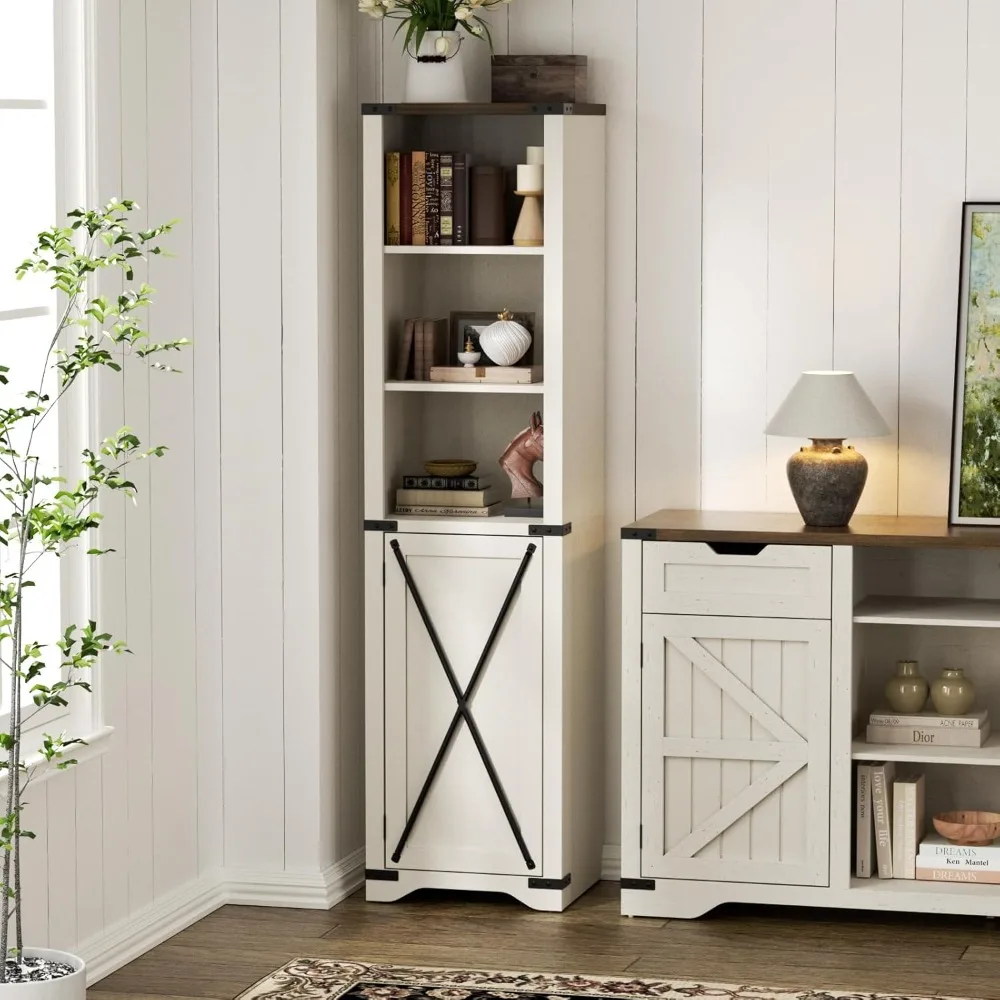 Narrow Bookshelf with Cabinet, Farmhouse Bookcase with Storage, Open Display Shelf, 67'' Tall Bathroom Storage Cabinet