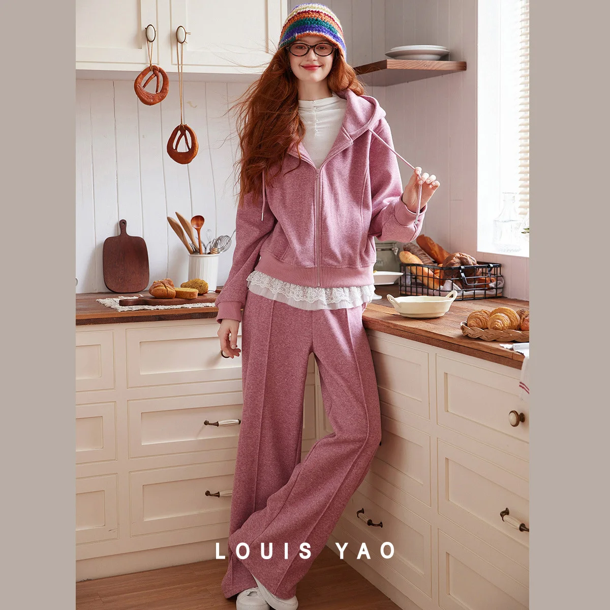 

LOUIS YAO Fleece-Lined Thickened Casual Two-Piece Set 2025 Autumn Winter Sports-Inspired Hooded Cardigan & Straight-Leg Pants