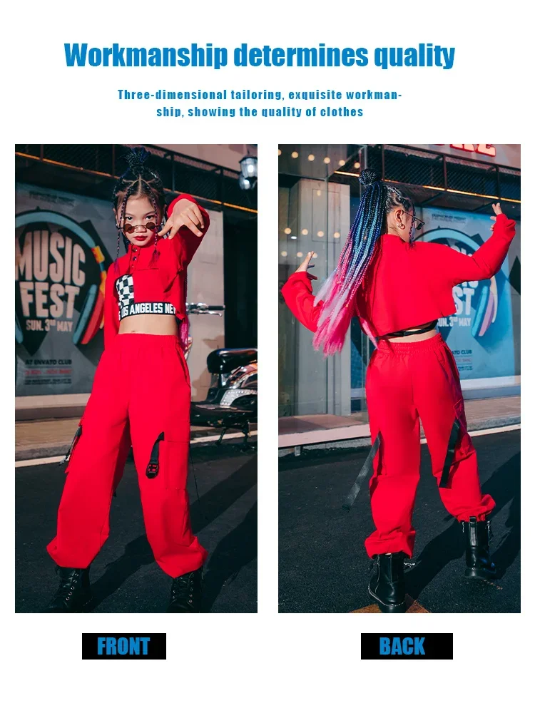 ZZL-trajes de escenario k-pop para niñas, ropa de baile urbano, 3 piezas, rojo, negro, blanco, disfraces, ropa de baile de Jazz Hip-hop, traje de pantalón de espectáculo para niños