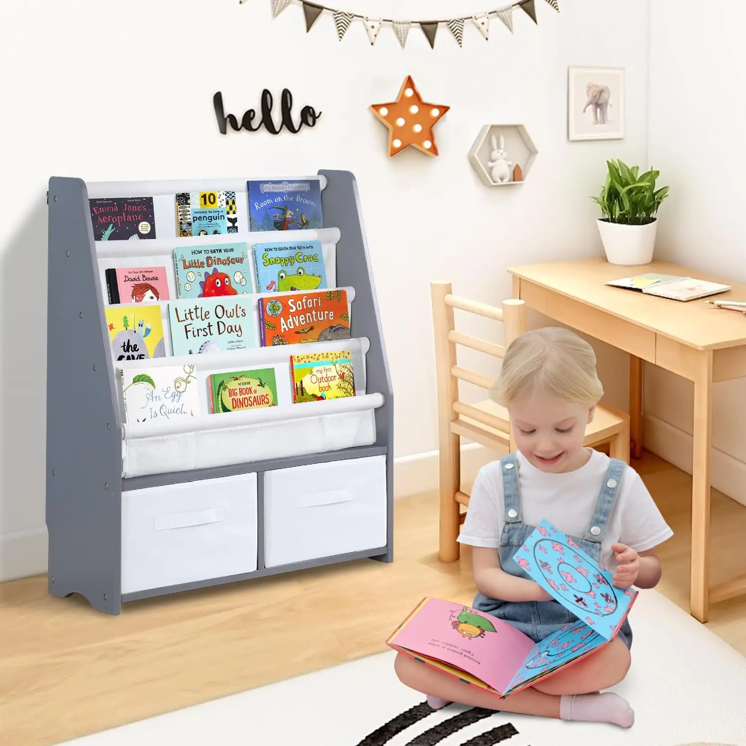 Bookshelf Kids Sling Book Rack with Two Storage Boxes and Toys Organizer Shelves Natural Solid Wood Baby Bookcase