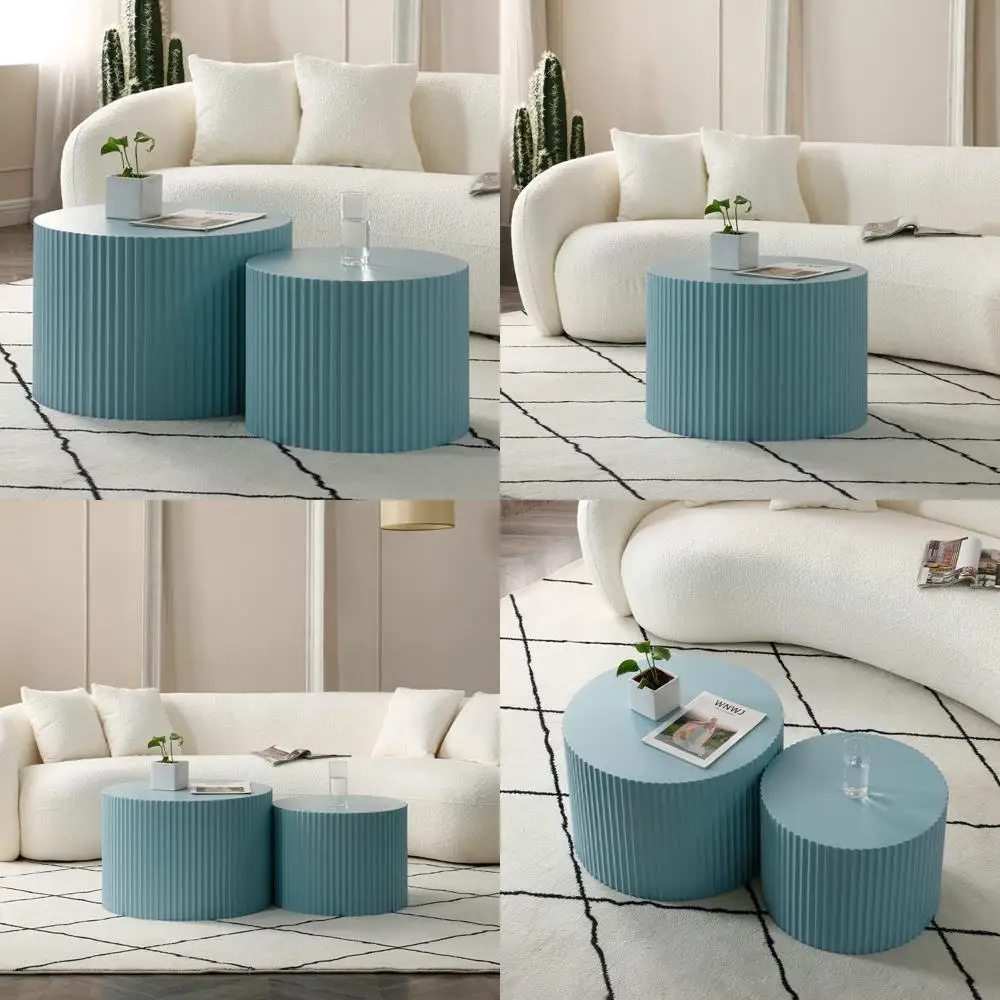 Modern Blue Nesting Coffee Table Set, 2-Piece Round Wooden Side Tables, Contemporary Accent End Tables