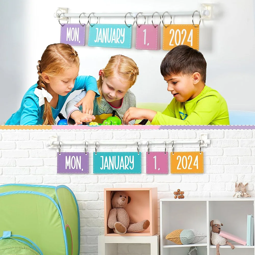 مجموعة تقويم الوجه الملونة مع حامل، 54 قطعة من بطاقات التاريخ لوحة إعلانات الفصول الدراسية تقويم قابل للتعديل للفصول الدراسية وديكور المنزل Su #6