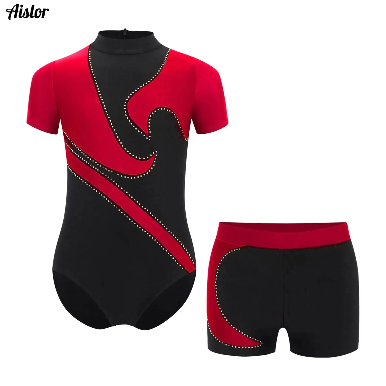 

Kids Boys Girls Acrobatics Gymnastics Outfits Short Sleeve Zipper Color Block Leotard with Shorts for Performance Competition