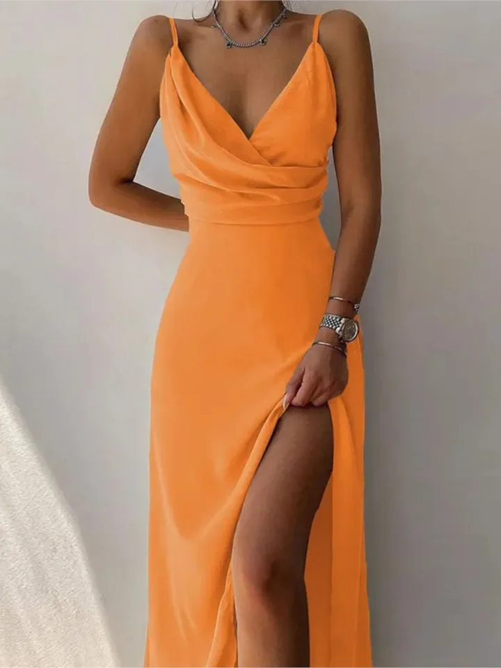 เดรสแฟชั่นเซ็กซี่คอวีสำหรับผู้หญิง สไตล์ลำลอง สีพื้น สายเดี่ยว สายสปาเก็ตตี้ เอวสูง ชุดเดรสยาว โรบ เฟม  เสื้อผ้าหรูหราสำหรับฤดูร้อน