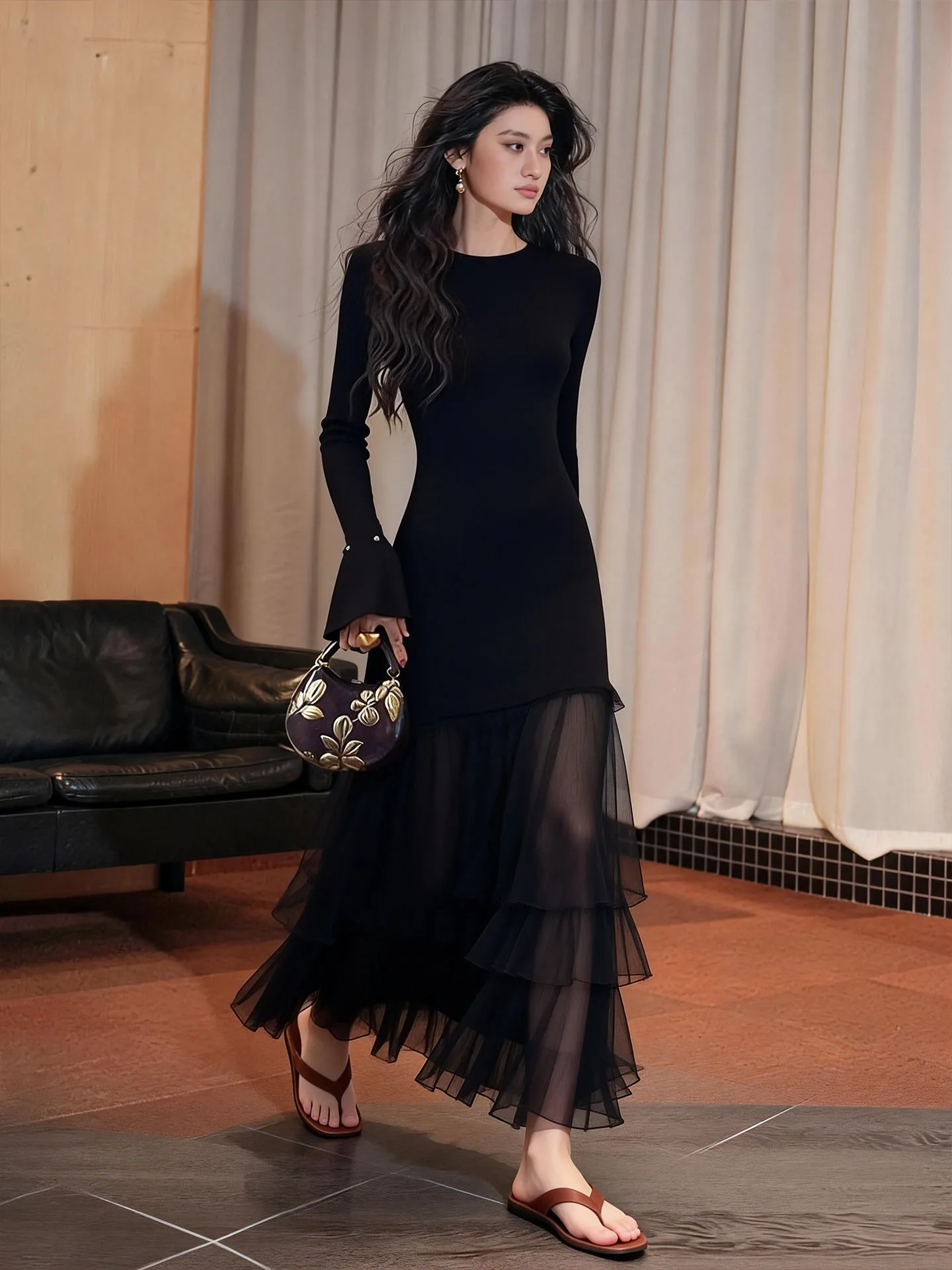

Hebe Sle Retro Bla Dr Women's Long Sve Slim Me Splicing High-End Long Dr Spring 2026 Commute Ele Polyester...
