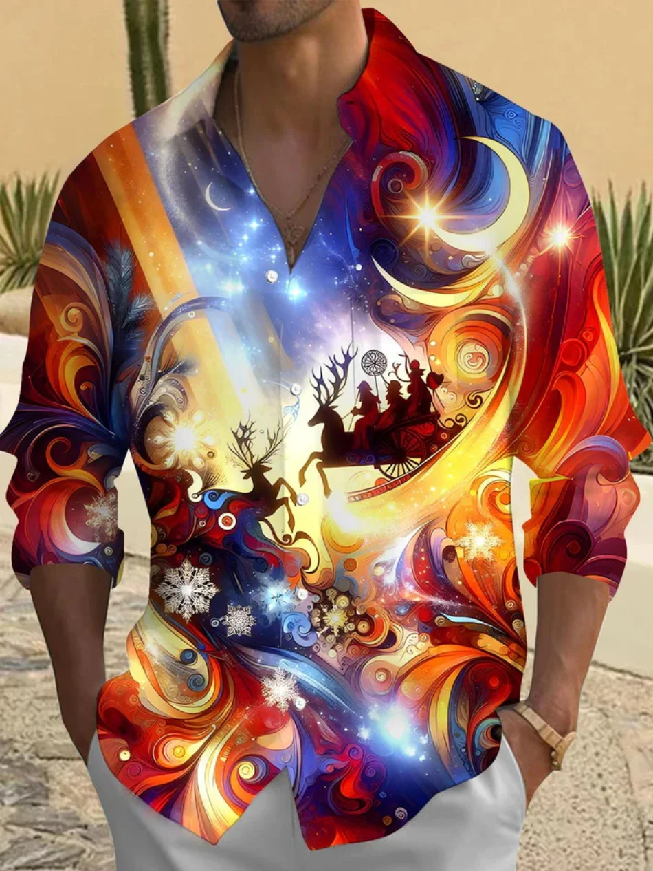 

Fashionable men's long sleeved shirt with Christmas theme 3D printed design pattern men's lapel button casual party big size lon