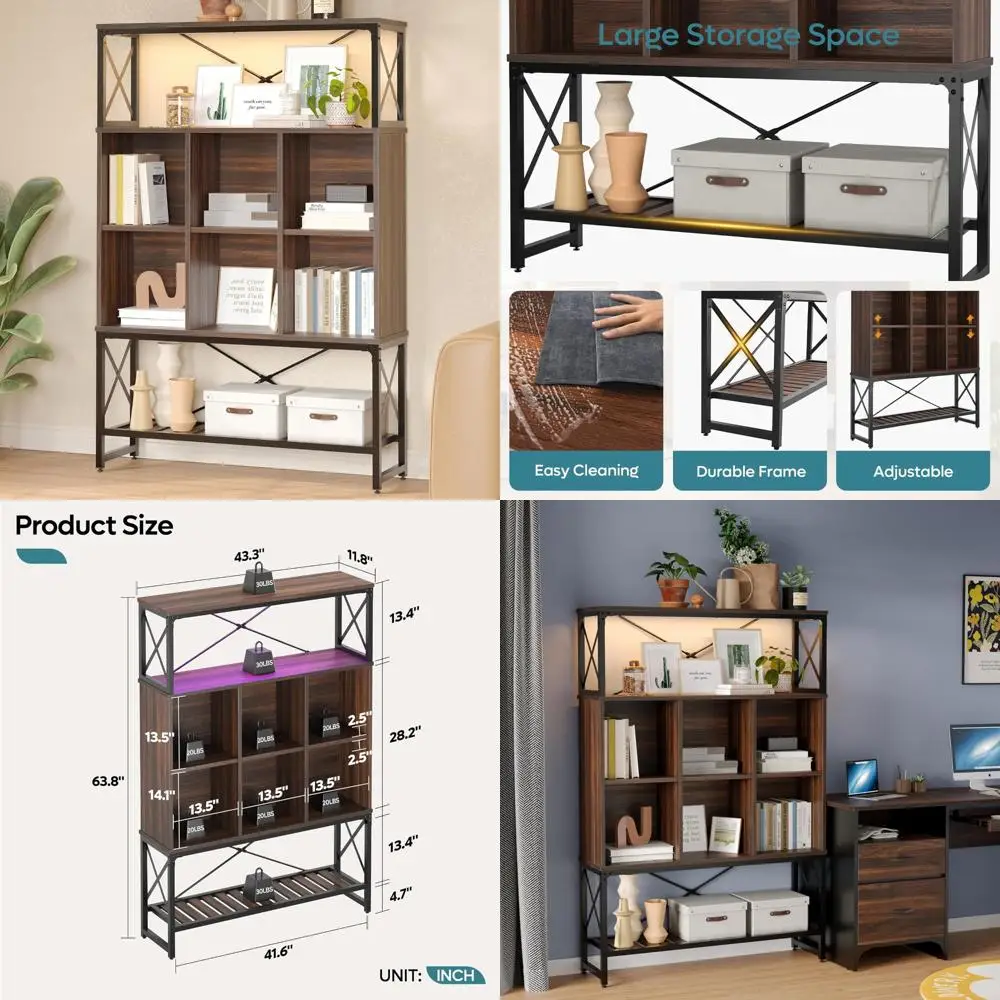 Mid-Century Modern 43 Wide 5-Tier Bookshelf with LED Lighting and Adjustable 6 Cubes and 3 Open Shelves