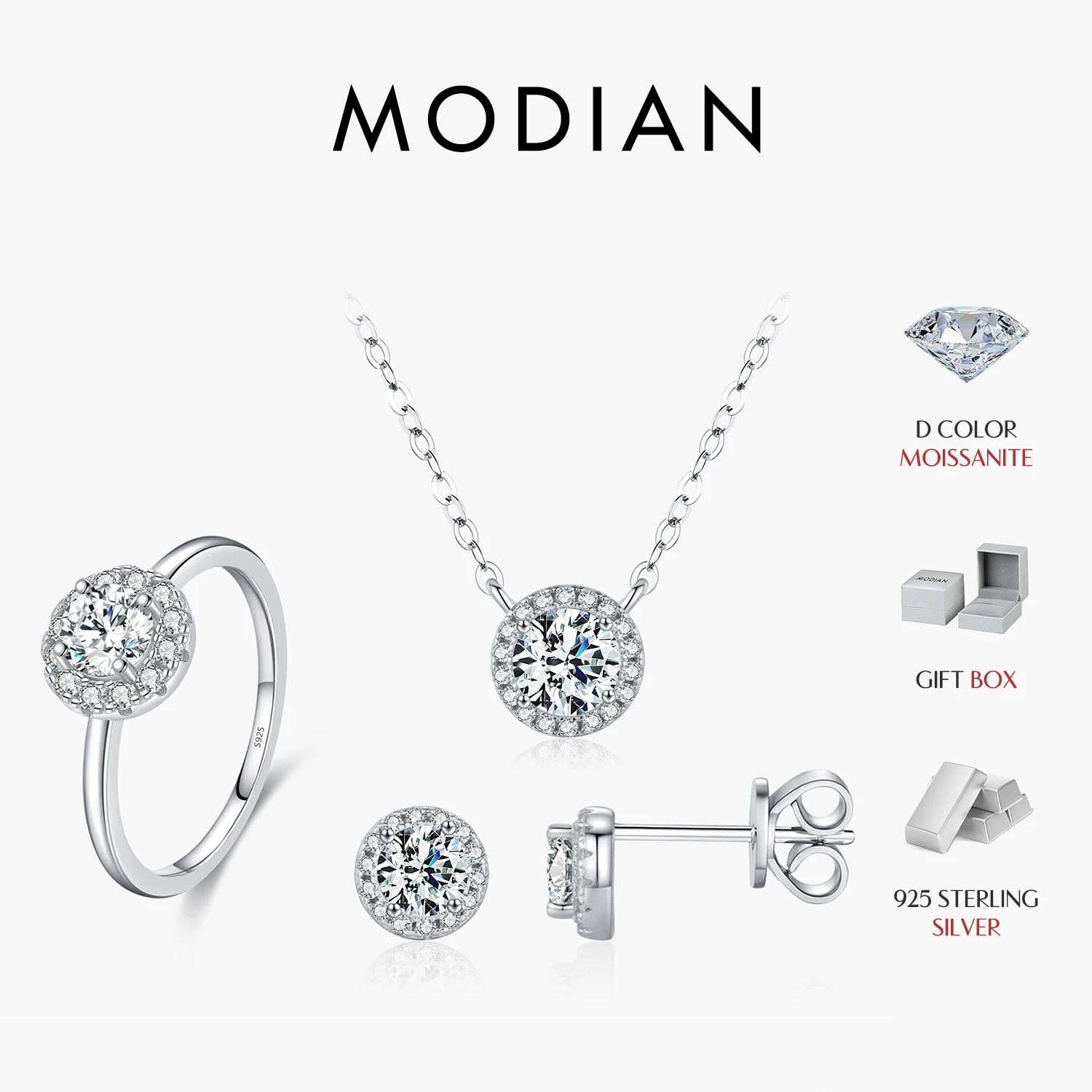 MODIAN Moissanite 925 Sterling Silver Fashion Luxury Round Necklace Stud Earrings Ring For Women Wedding Fine Jewelry Se