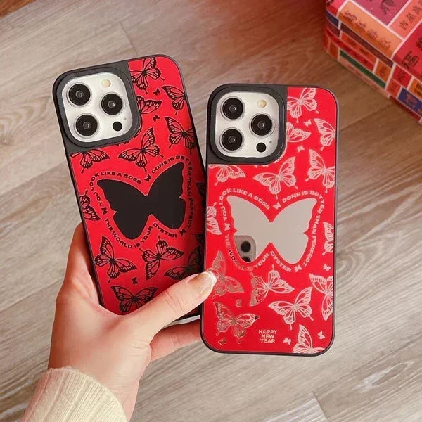 

Mirror Surface Butterfly Ghost New Year Red Phone Case Cover for IPhone 11 12 13 14 15 Pro Max Case for IPhone 15 Pro Max