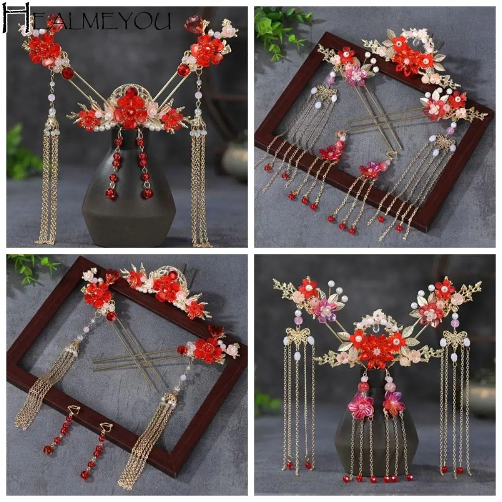 

Elegant Flower Bridal Headwear Alloy Tassel Wedding Hair Sticks Chinese Style Plastic Earrings Hairpin Set Girl